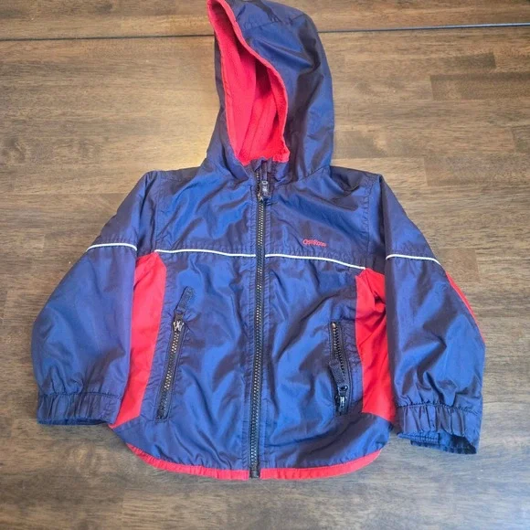 Vtg OshKosh Bgosh Kids‎ Navy Blue Red Fleece Lined Hooded Windbreaker Jacket 24M