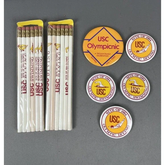 USC Olympics Diving Swimming Vintage Merchandise Lot Pencils &‎ Buttons 1984 NEW