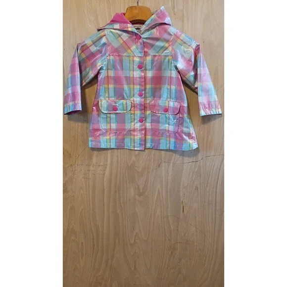 OshKosh Bgosh Girls Pastel Plaid Hooded Raincoat Retro Preppy Style Size 5