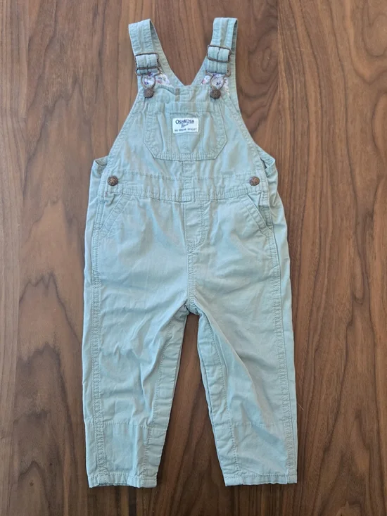 OshKosh B'gosh Sage Green Canvas Overalls Floral Trim 18M