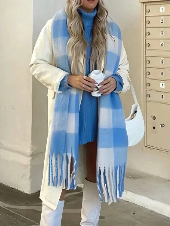 Warm Colorful Women's plaid Fuzzy Warm tassel Shawl scarf