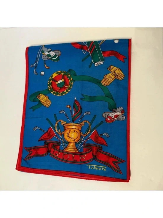 TALBOTS SCARF GOLF THEME BLUE RED GOLD MULTI COLOR RECTANGLE COTTON SILK BLEND