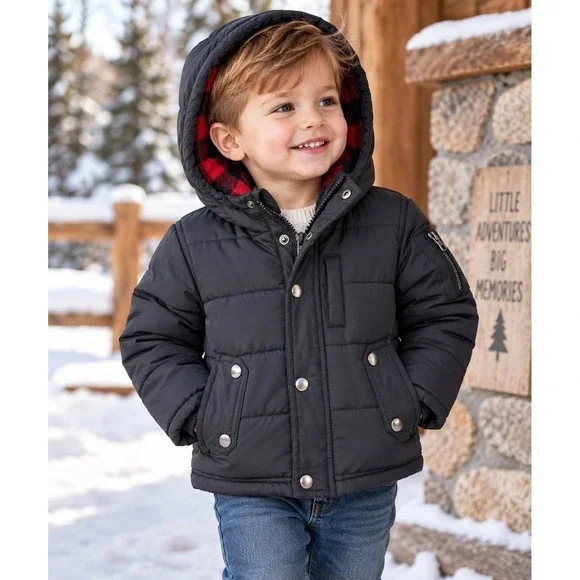 OshKosh B'gosh Toddler 18M Black Puffer Jacket Hooded Buffalo Plaid Lined