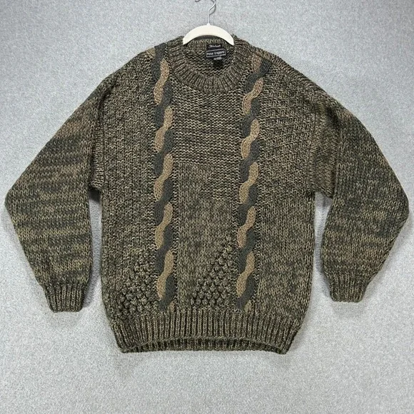 Peter England Sweater Crewneck Mens L Brown Cable Knit Cabin Core Vintage