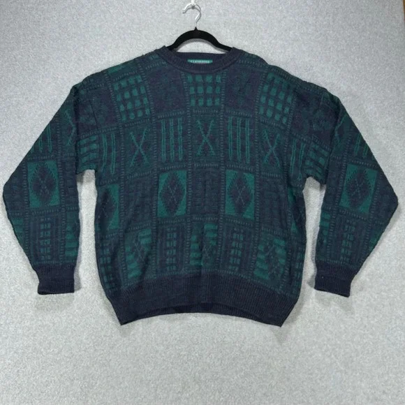 Claybrooke Sweater Pullover Mens XL Blue Green Geometric Coogi Style Vintage