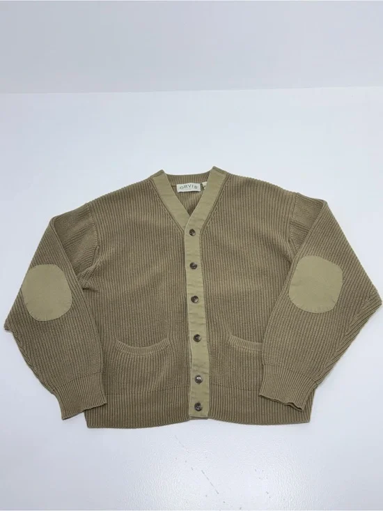 Orvis Men L Olive 100% Cotton V-Neck Rib Knit Cardigan Elbow Patch Button Front