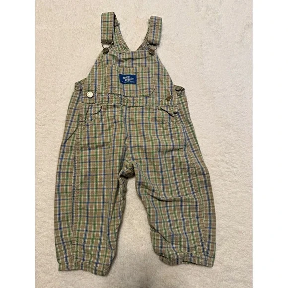 OshKosh B'gosh Plaid Cotton Overalls One-Piece 9-12M Beige/Green/Blue