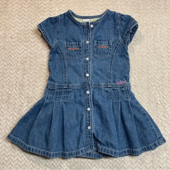 Vintage‎ Y2K OshKosh Toddler Denim Floral Embroidered Pleated Dress Size 3T