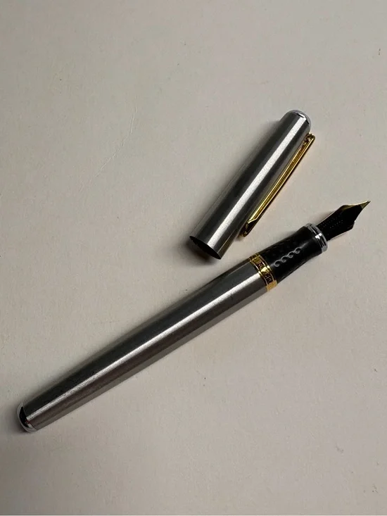 Vintage Inoxcrom Fountain Pen Silver Tone Gold Tone Trim Black Grip Spain