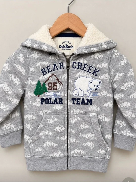 OshKosh Gray Polar Team Hooded Zip Sweatshirt with Sherpa Lining-NWOT Size 3T