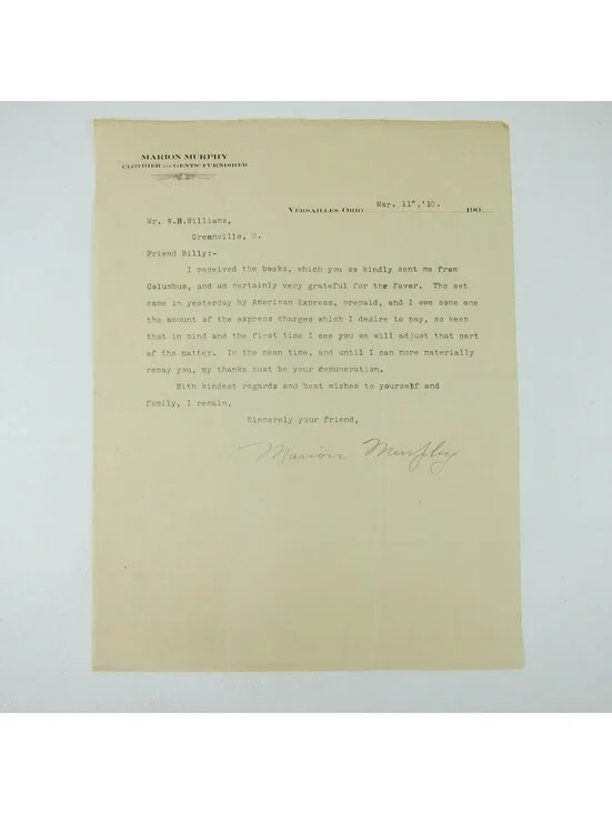 Letterhead Marion Murphy Clothier Versailles Ohio to W.H. Williams Antique 1910