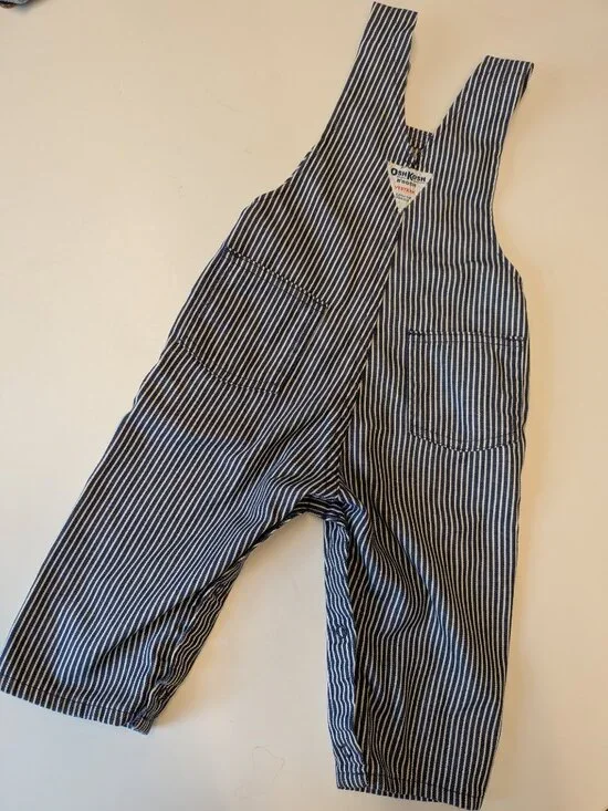VTG 1980s OshKosh B'Gosh Hickory Railroad Stripe Overalls - Made in USA (18 Mos)