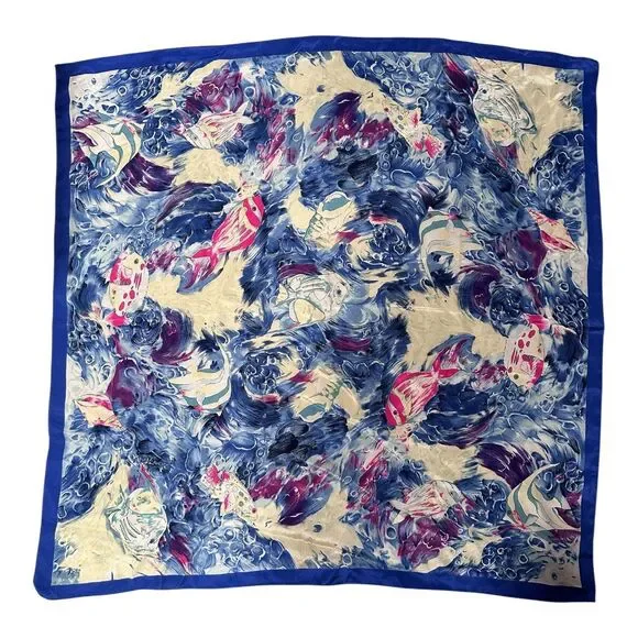 100% Silk Vintage Women's Coastal Style Fish Scarf Beach Nautical