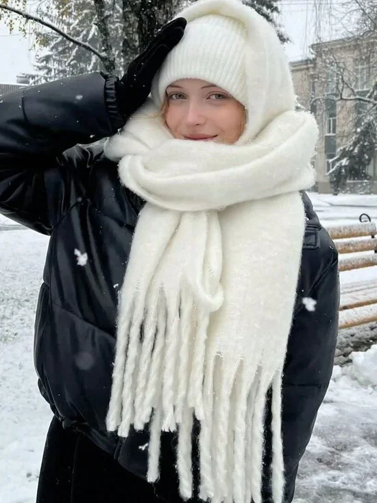 Cream cozy and warm Casual Women's Plain Plush Tassel Shawl scarf