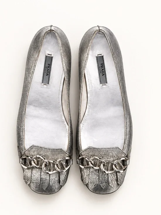 Prada Leather Chain-Link Accents Ballet Flats Women's Size: 6.5
