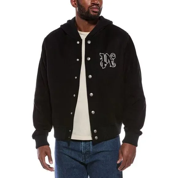 Palm Angels Mens Hooded Suede-Trim Wool-Blend Jacket, Black