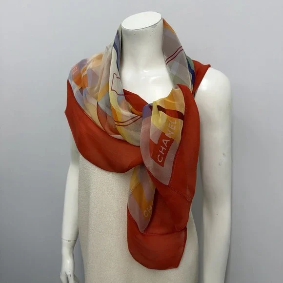 Chanel Sheer 100% Silk Scarf Large Center CC Logo Red Orange Yellow 38