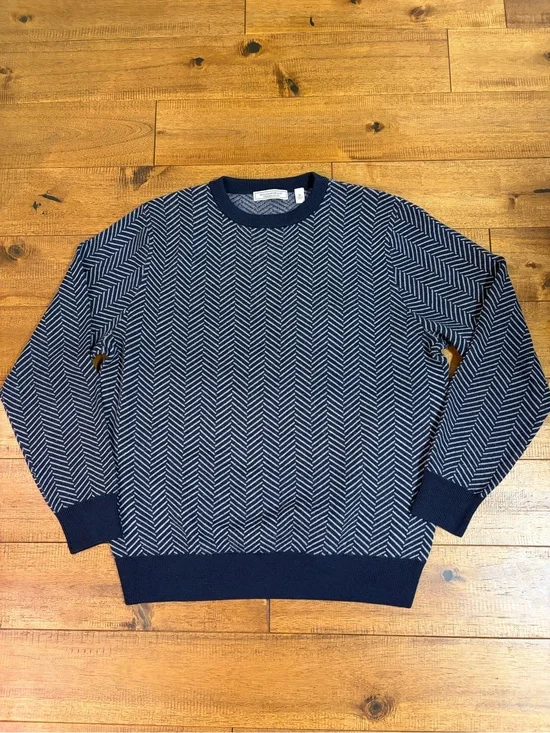 Williams & Kent Sweater Mens Medium 100% Merino Wool Navy Blue White Crewneck