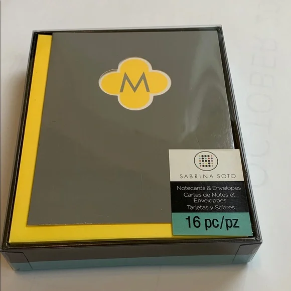 Sabrina Soto Notecards And Envelopes 16pcs ‘M’ Monogram Gray And Yellow