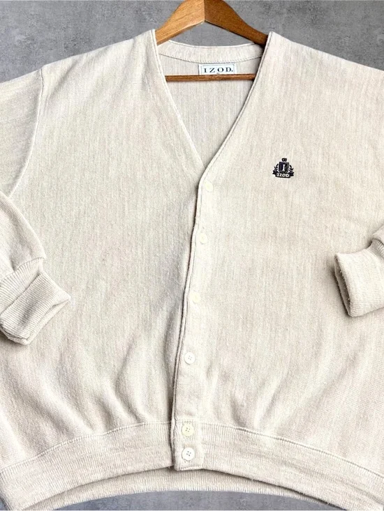 Vintage IZOD Cardigan Sweater Mens XL Beige Made in USA Acrylic Knit Preppy Logo