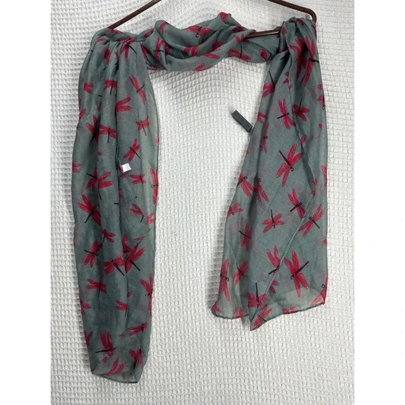 Naturecore Womens Unbranded Dragonfly Print Scarf OS Grey Red