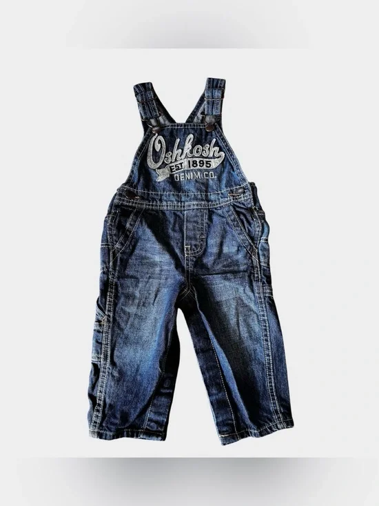OshKosh B'gosh Blue Denim Jean Overalls Baby Boy 9-12M Western Embroidered Logo