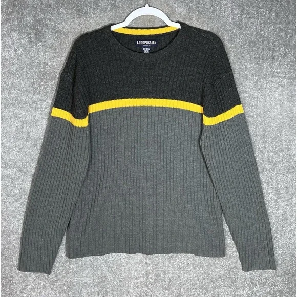 Vintage Aeropostale Ribbed Knit Colorblock Sweater Mens Sz Large Gray Yellow Y2K