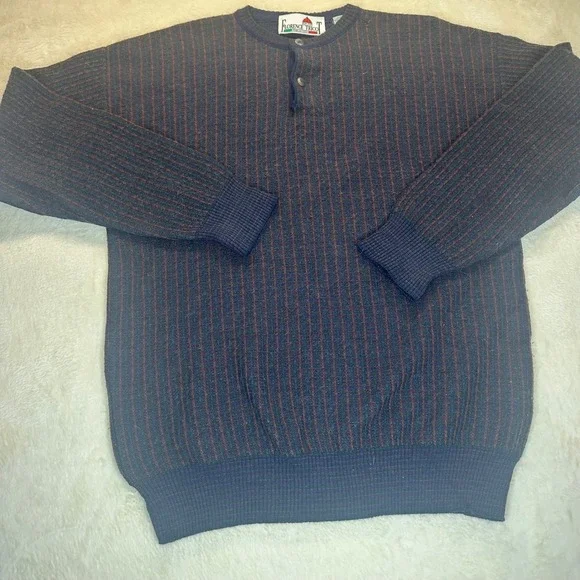 Vintage Florence Trico Italy Wool Blend Henley Sweater Navy Blue Striped Mens M