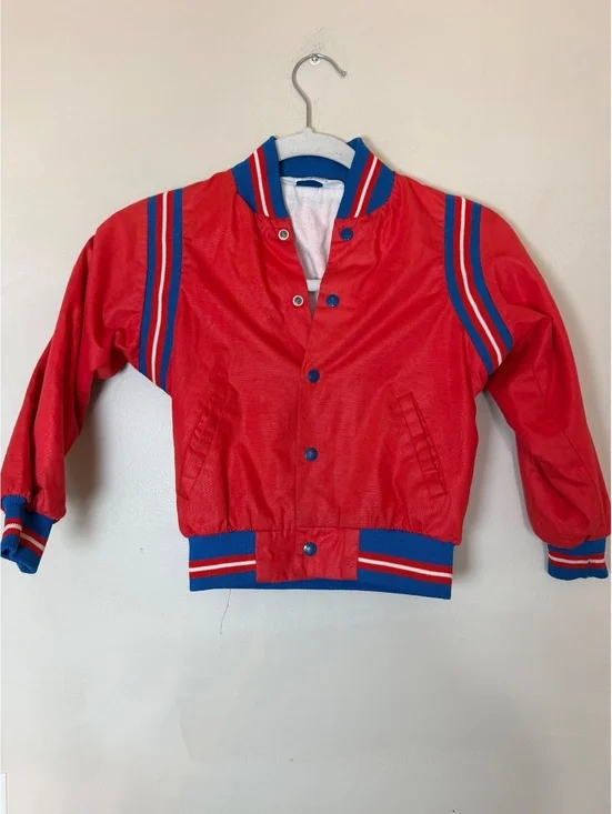Vintage OshKosh B'Gosh Red and Blue Kids' Bomber Jacket w/ Striped Ribbed Trim