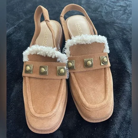 Chelsea & Violet tan suede sling‎ back mules, new without tags, size 7