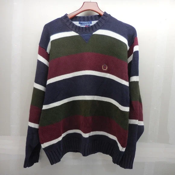 Vintage Tommy Hilfiger Striped Cotton Knit Sweater Navy Green Burgundy Large