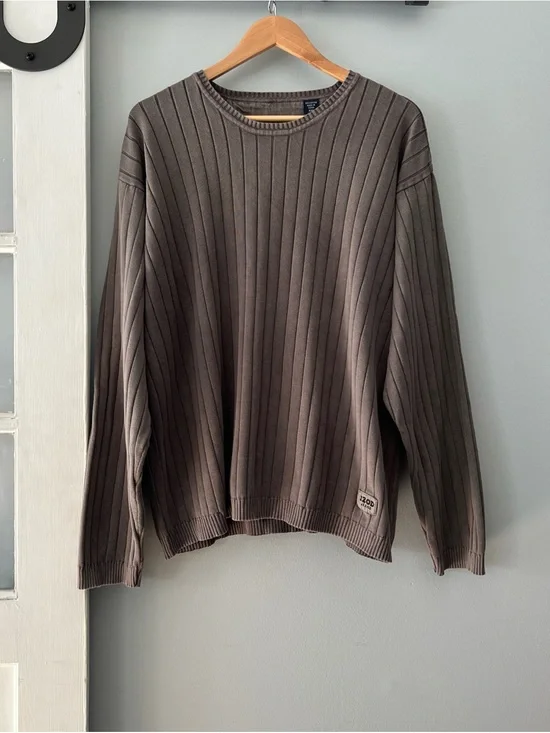 Izod Jeans Taupe/Brown Washed Ribbed Knit Long Sleeve Cotton Sweater Men’s XXL