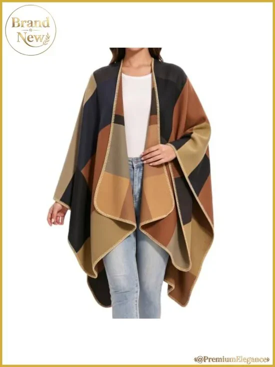 Plaid Shawl Wrap Open Front Poncho Cape Knitted Sweater Scarf Women One Size