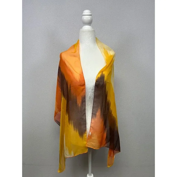 Boho Retro Liang Dian Womens OS Yellow Orange Brown Abstract Print Chiffon Scarf