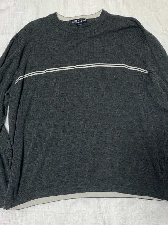 Aeropostale Men's Charcoal Gray Crewneck Sweater with Cream Stripe