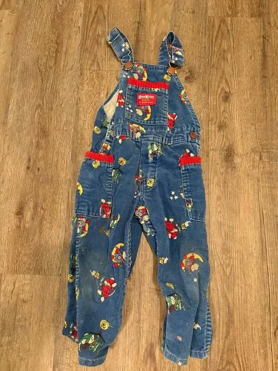 Vintage OshKosh B'gosh Blue Corduroy Astronaut Mouse Print Overalls Size 2T Made