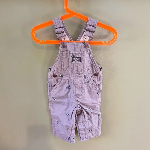 Oshkosh B'gosh Baby Boy Dino‎ Print Overalls Size 9M Lavender Gray