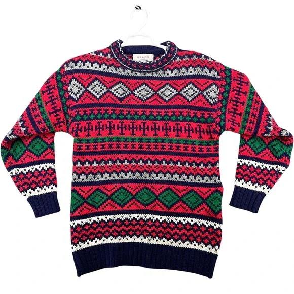 Bravo Handknits Fair Isle Sweater Mens Medium Red Navy Blue Acrylic Crew Neck