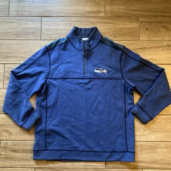 Tommy Bahama NFL Seattle Seahawks Blue Long Sleeve 1/4 Zip Sweater Reversible L