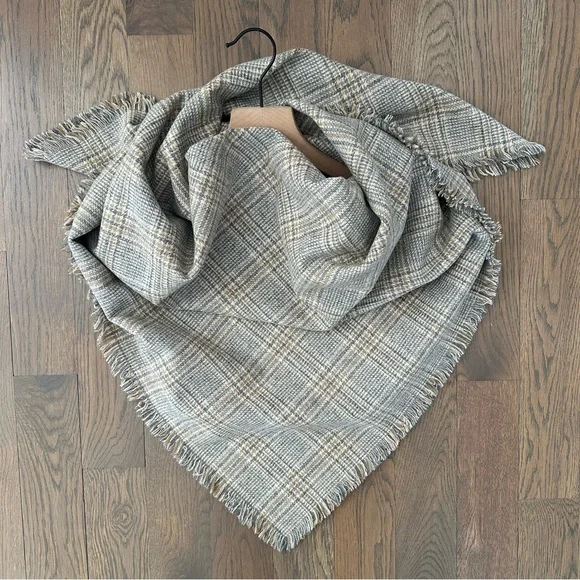 Eskandar Wool Oversized Plaid Fringed Scarf in Cream, Grey, Tan 47