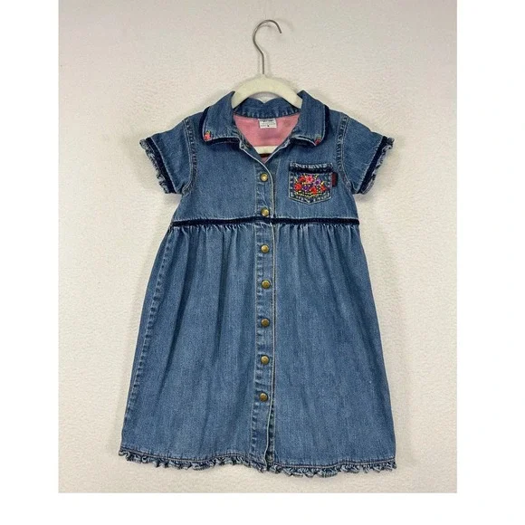 Cottagecore Floral OshKosh Kids 5 Denim Embroidered Ruffle Button‎ Front Dress