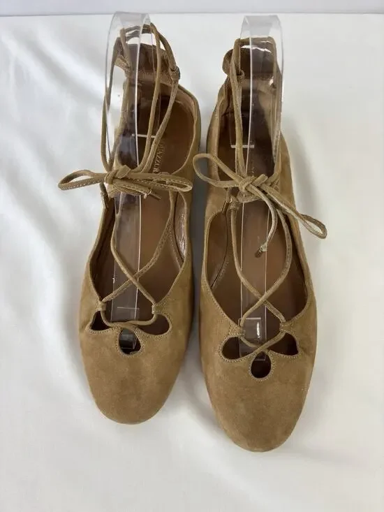 Aquazzura Firenze Dancer Lace Up Ballet Flats Camel Brown Tan Suede 38 7.5