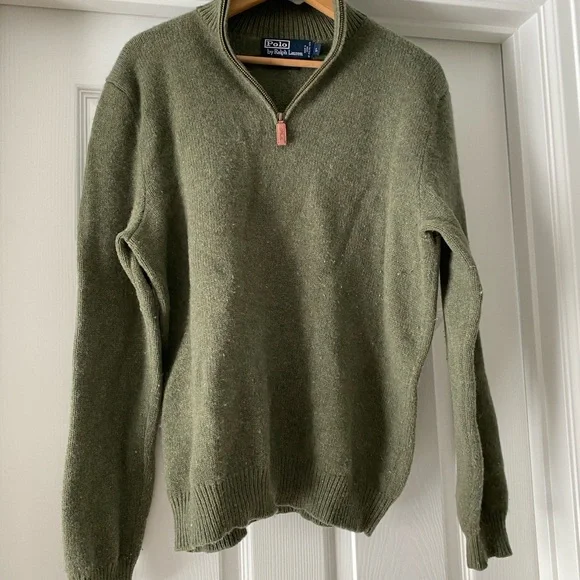Vintage 90s Polo Ralph Lauren High Neck Men's Green Wool Half Zip-Up Sweater