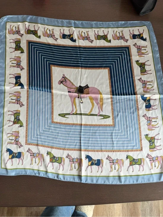 Vintage Equestrian Horse Print Satin Scarf Blue Pink Green Square Riding Motif