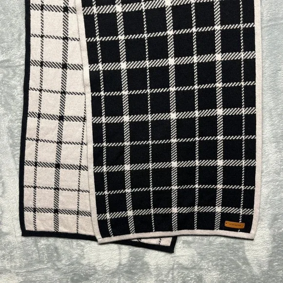 Coach‎ Scarf Black Ivory Reversible Plaid Wool Cotton Knit Leather Logo