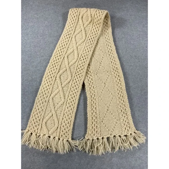 Loch Garman Ireland Pure New Wool Hand Fisherknit Aran Cable Scarf Cream 2739