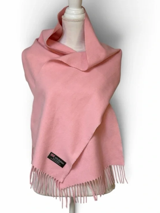 Women’s 100% Pure Cashmere Scarf Made in Scotland Pastel Pink Fringed Wrap 12x64