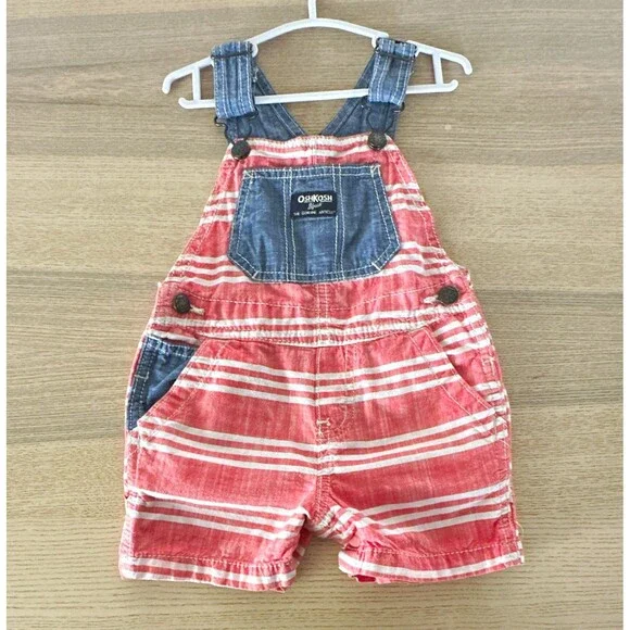 OshKosh B'gosh 12M Pink White Stripe Denim Trim Overall Shortalls Romper