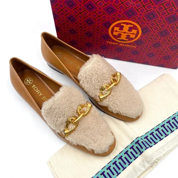 Tory Burch Jessa Shearling Loafers‎ Caramel Tan Leather Horsebit Sz 6.5