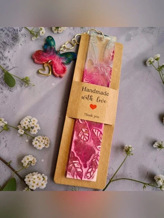 Pink Botanical Floral Resin Bookmark w/ Butterfly & Heart Dangle